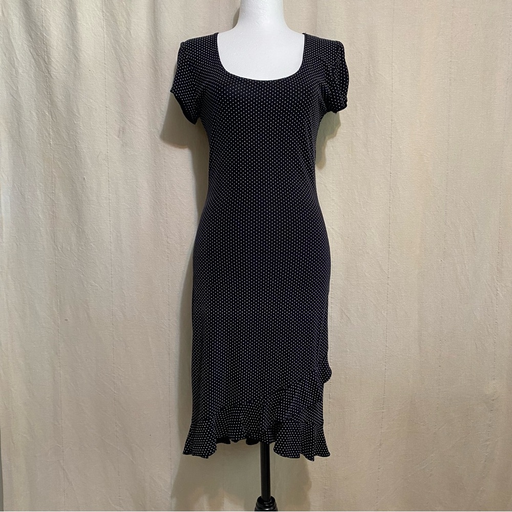 Joseph Ribkoff Black With White Polka Dot Sheath Midi Dress Scoop Neck